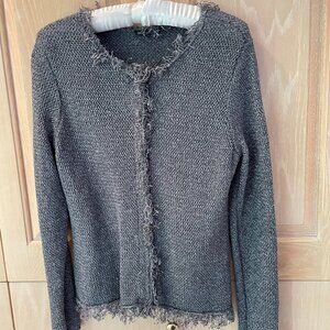 Eileen Fisher Black and White Knit Cardigan with Fringe Detail